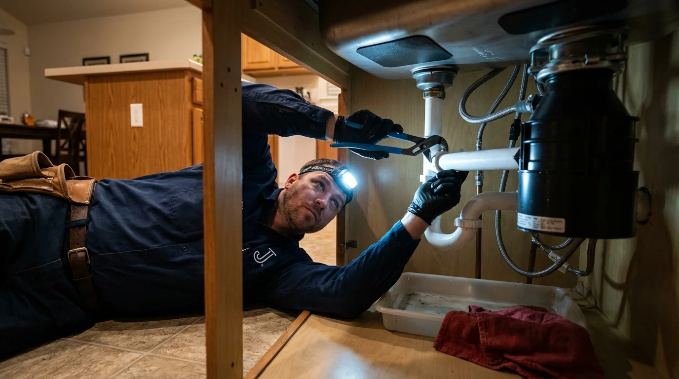 P-trap and supply line connections under a kitchen sink showing a common leak point in Shelby, AL